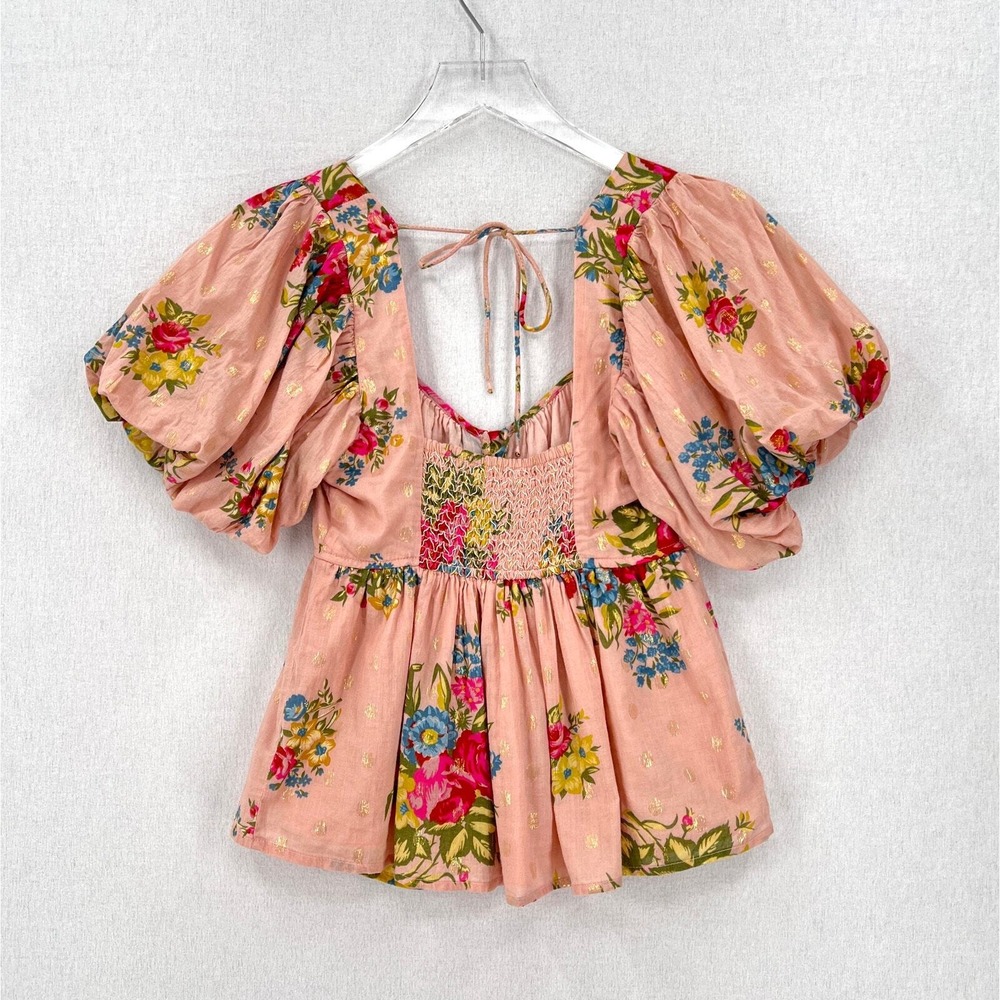 ANTHROPOLOGIE Love The Label Rosette Babydoll Top S Pink Floral Puff Sleeve Boho - Picture 5 of 16
